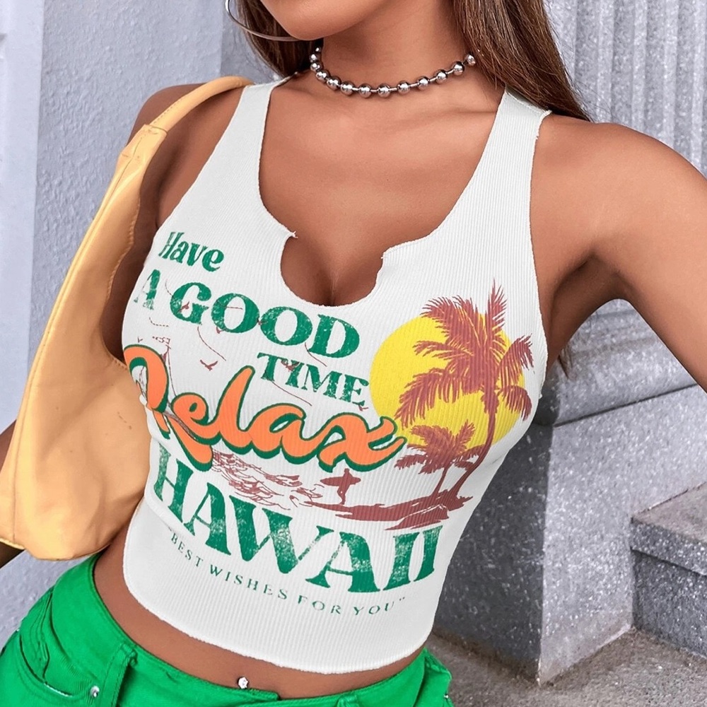 Graphic cropped Tank Top / White Tank Top Palm Tree & Slogan